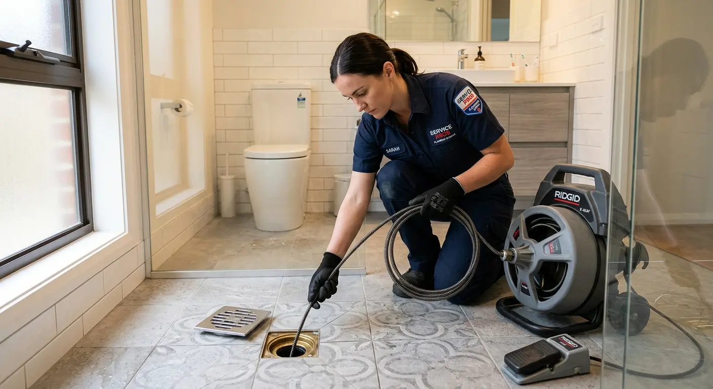 Technician clearing a bathroom floor drain for Hydro Jetting in Clinton